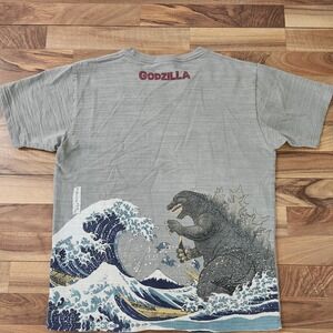 Godzilla T Shirt US XL Gray Premium Hokusai Wave Tokyo Japan Made Mothra